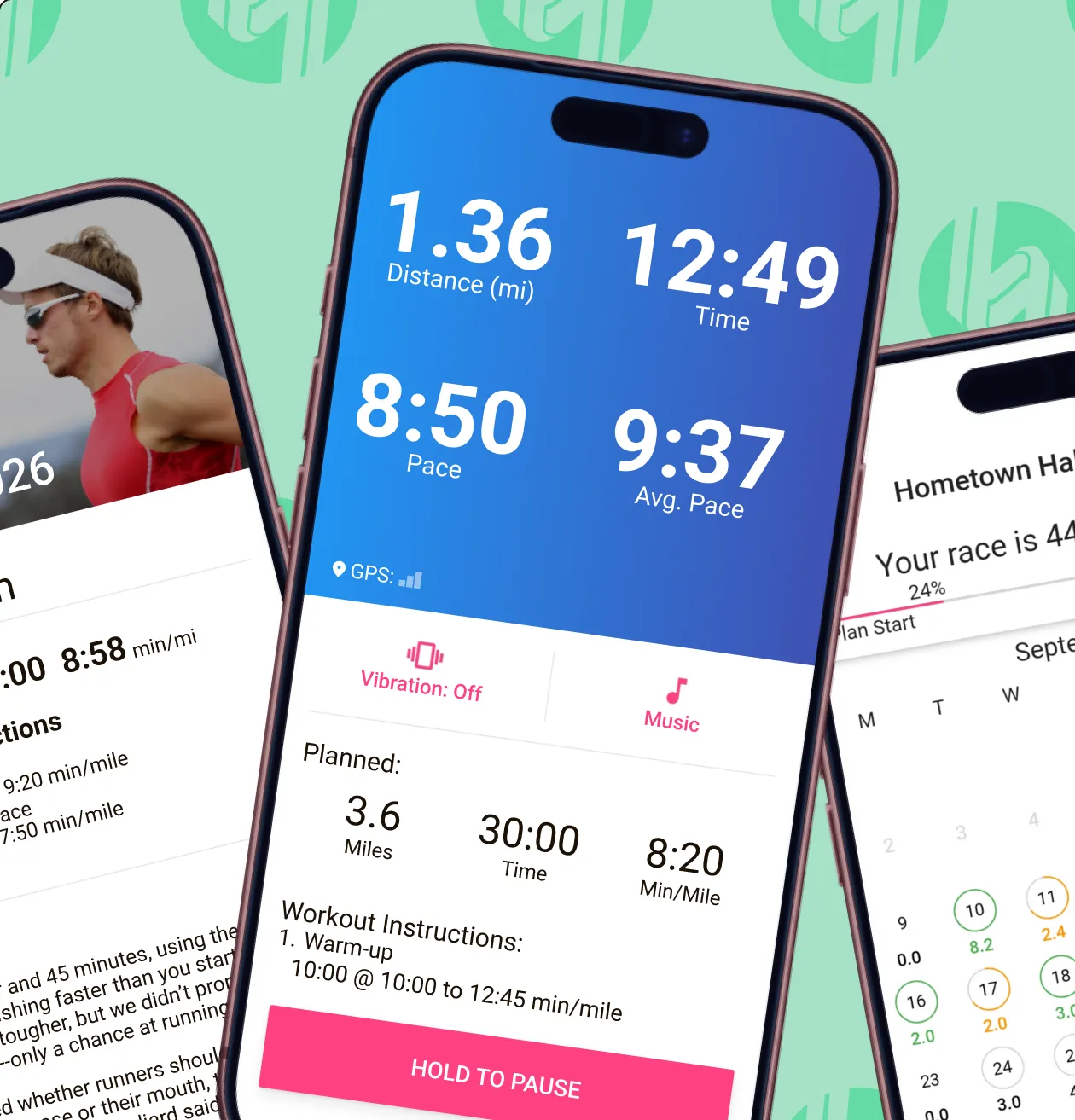 The Run With Hal app on three phones: a live run screen, a workout with Hal's notes, and a race countdown calendar.