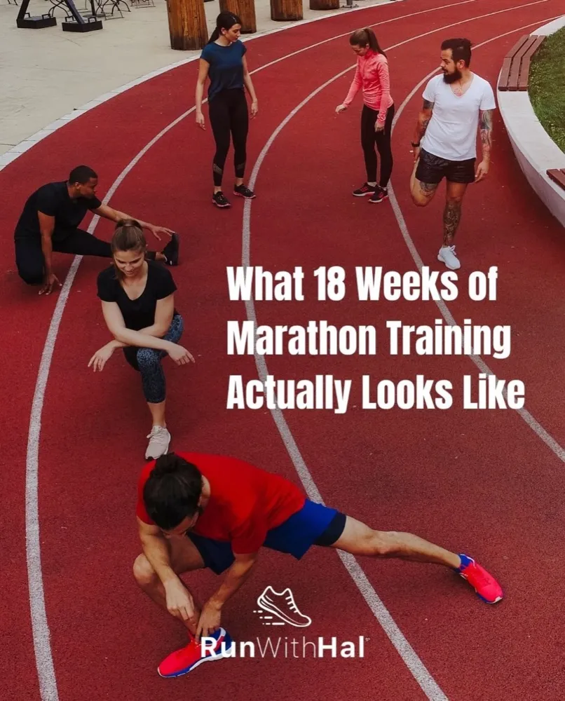 Runners stretching on a red track: “What 18 Weeks of Marathon Training Actually Looks Like.”