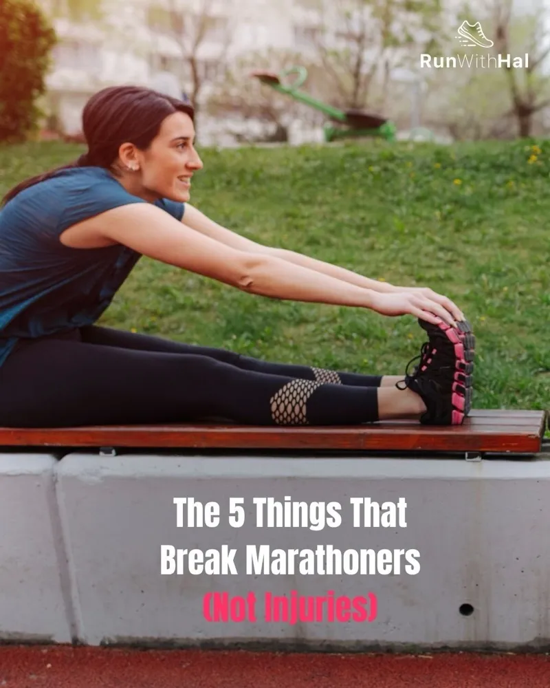 A runner stretching her hamstring on a park bench: “The 5 Things That Break Marathoners (Not Injuries).”