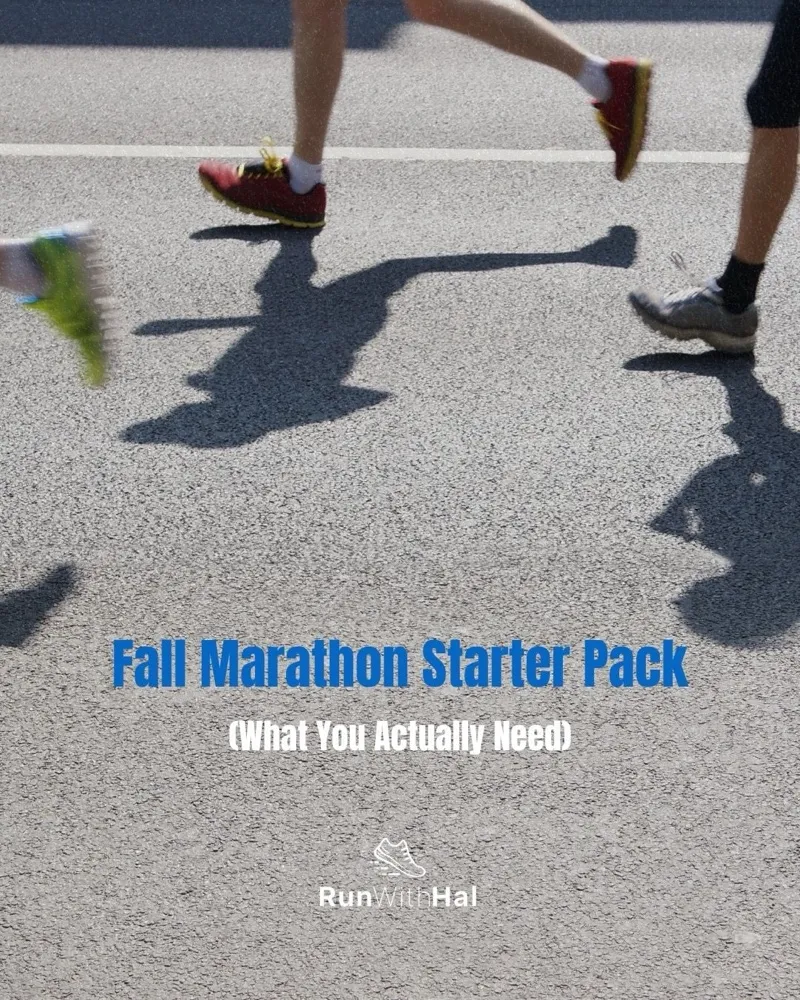 Runners’ feet mid-stride on asphalt: “Fall Marathon Starter Pack (What You Actually Need).”