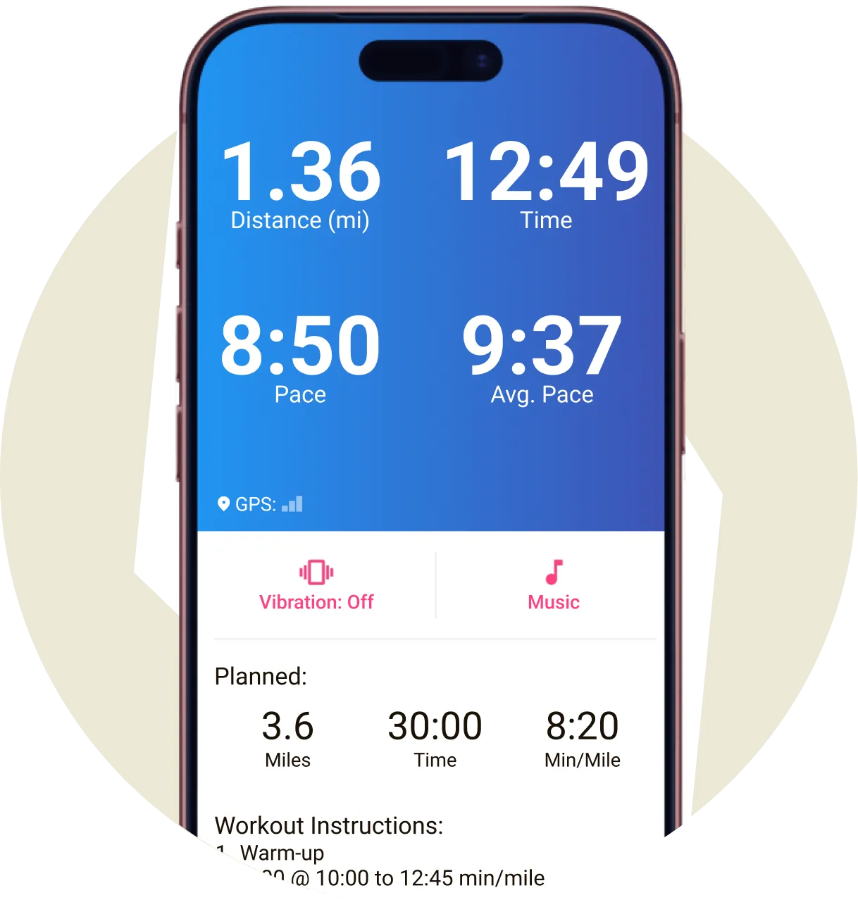 The Run With Hal app on a phone, showing a live run: distance, time, pace, and the planned workout.